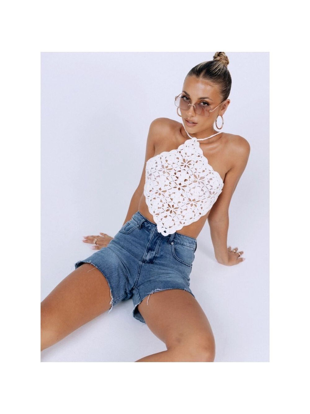 Women's Princess Polly Terence White Crochet Halter Crop Top M/L